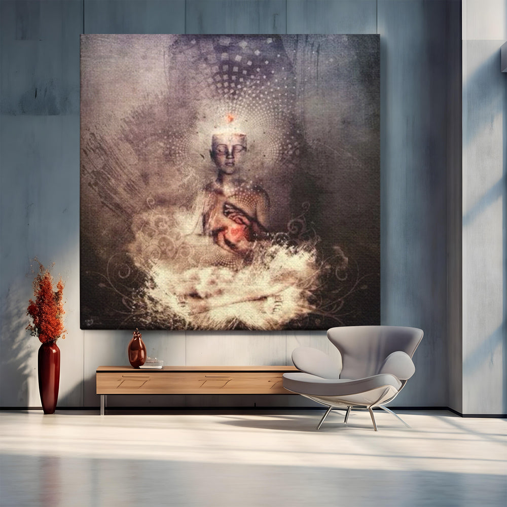 Tablou canvas cu ilustratie digitala cu entitate meditativa si inima luminoasa, fara rama, pe sasiu de lemn